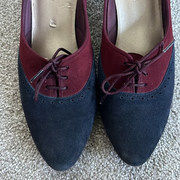 Vintage suede kitten heels maroon navy office siren pumps oxford detail - Picture 5 of 6